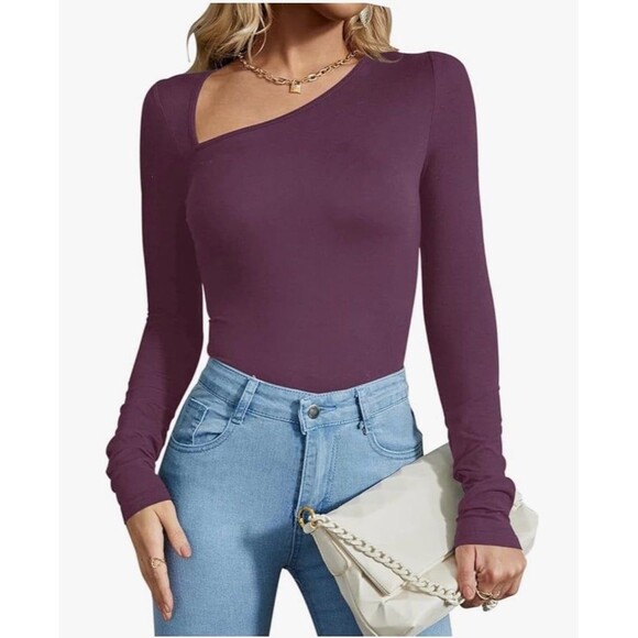 REORIA Asymmetrical Neck Bodysuit Women’s Size M Plum Thong Stretchy NWOT - Picture 5 of 12
